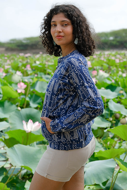Freshwater Medley Mirrorwork Handblock Printed Pure Cotton Bomber Jacket For Women Online