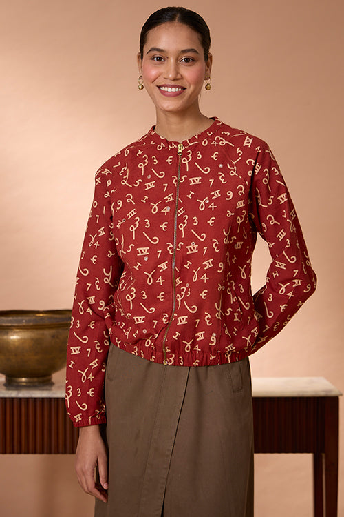 Crimson Count Mirrorwork Ajrakh Pure Cotton Bomber Jacket For Women