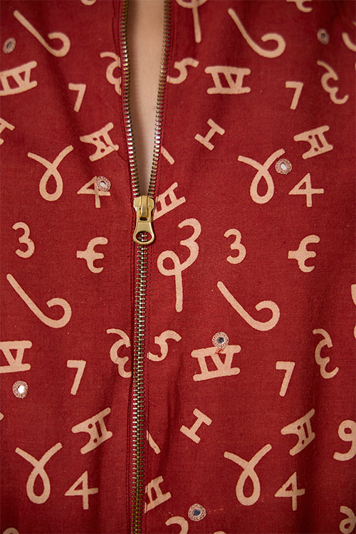 Okhai "Crimson Count" Handblock Printed Ajrakh Pure Cotton Mirrorwork Bomber Jacket