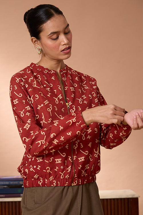 Okhai "Crimson Count" Handblock Printed Ajrakh Pure Cotton Mirrorwork Bomber Jacket