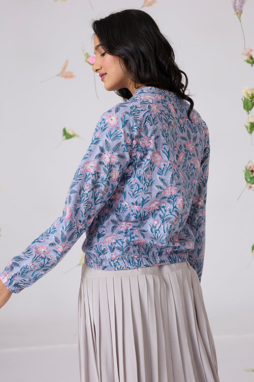 Okhai "Flower Ocean" Hand-Embroidered Mirrorwork Handblock Printed Pure Cotton Bomber Jacket