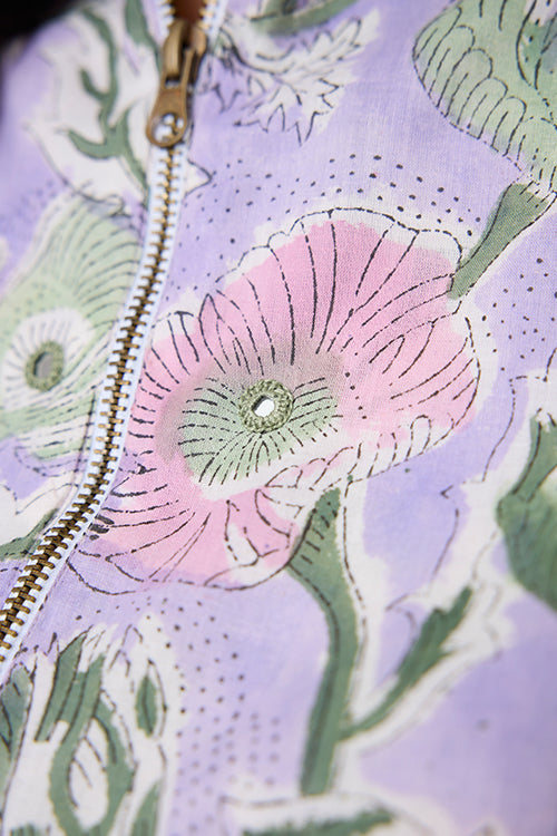 Okhai "Lavender Love" Hand-Embroidered Mirrorwork Handblock Printed Pure Cotton Bomber Jacket