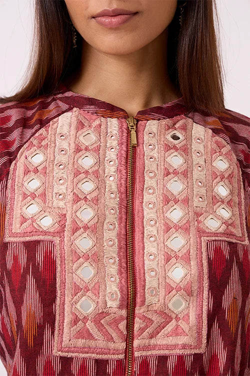 Okhai 'Panache' Pure Cotton Ikat Hand Embroidered Bomber Jacket