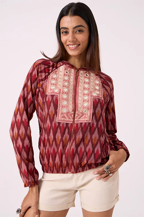 Okhai 'Panache' Pure Cotton Ikat Hand Embroidered Bomber Jacket