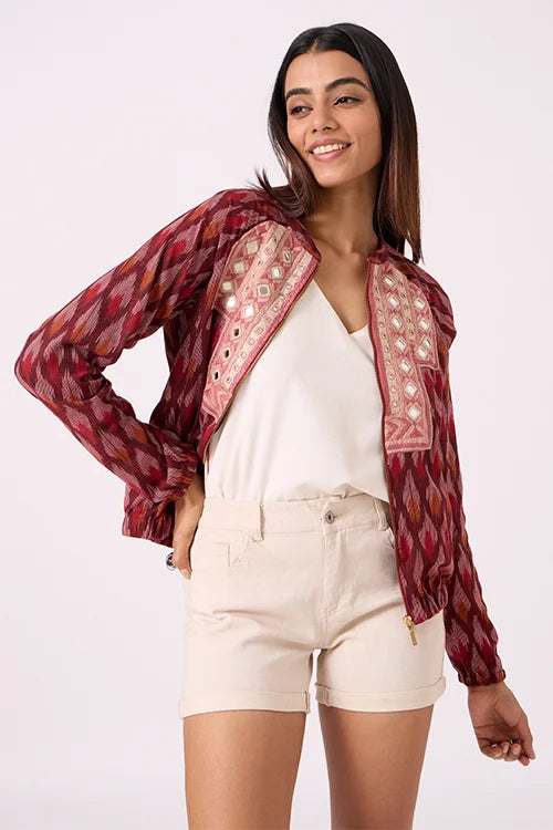 Okhai 'Panache' Pure Cotton Ikat Hand Embroidered Bomber Jacket