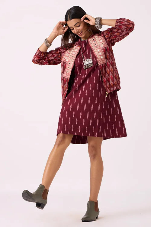 Okhai 'Panache' Pure Cotton Ikat Hand Embroidered Bomber Jacket