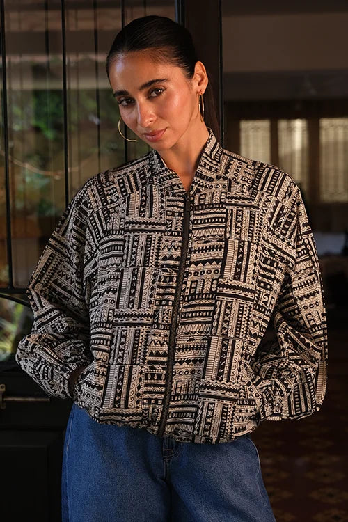 Okhai "Noir" Handblock Printed Pure Cotton Bomber Jacket