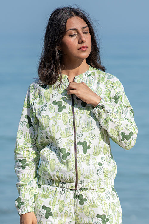 Floraison Handblock Printed Pure Cotton Bomber Jacket For Women Online