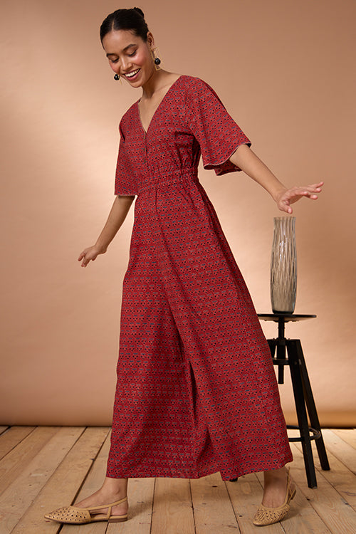 Okhai "Burnt Copper" Handblock Printed Ajrakh Pure Cotton Half-Sleeved Jumpsuit