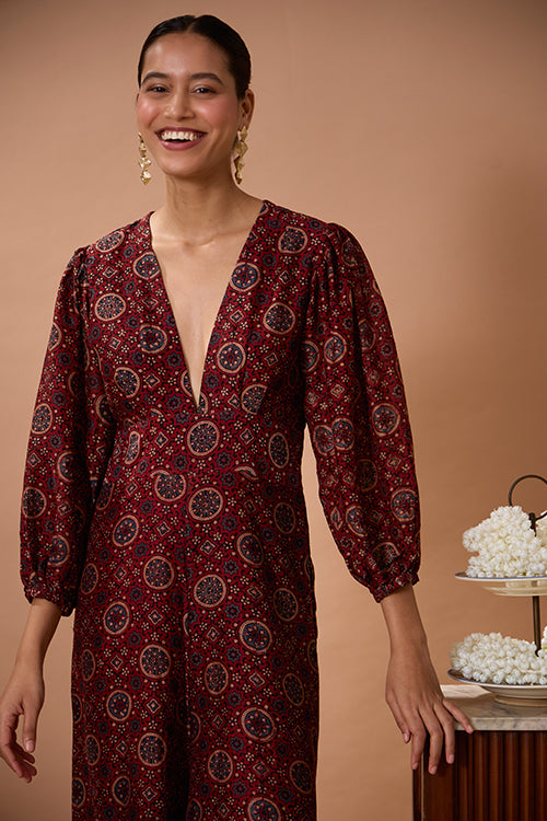 Sunstone Chanderi Silk Ajrakh Handblock Printed Jumpsuit For Women Online
