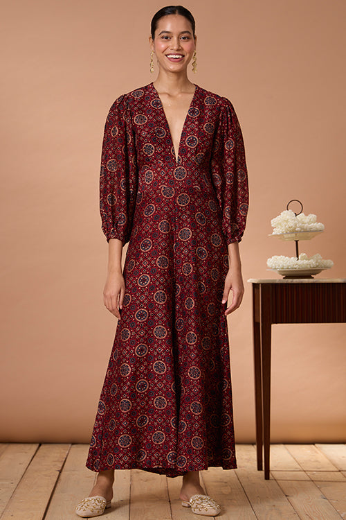 Okhai "Sunstone" Handblock Printed Chanderi Silk Ajrakh Jumpsuit