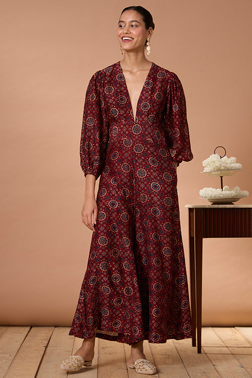 Okhai "Sunstone" Handblock Printed Chanderi Silk Ajrakh Jumpsuit