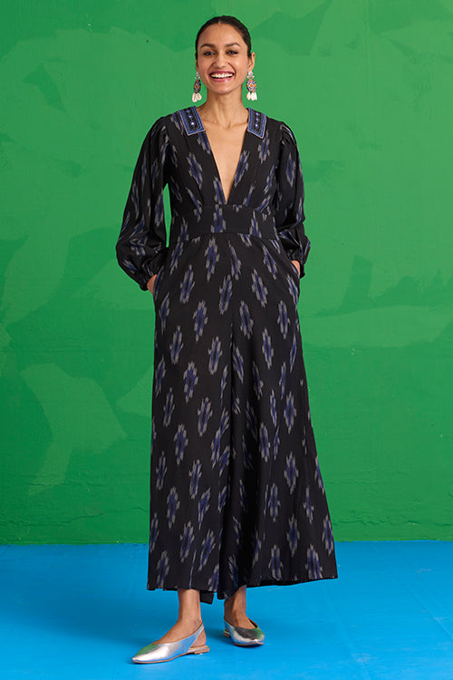 Okhai "Dark Geode" Hand-Embroidered Mirrorwork Pure Cotton Ikkat Black Jumpsuit