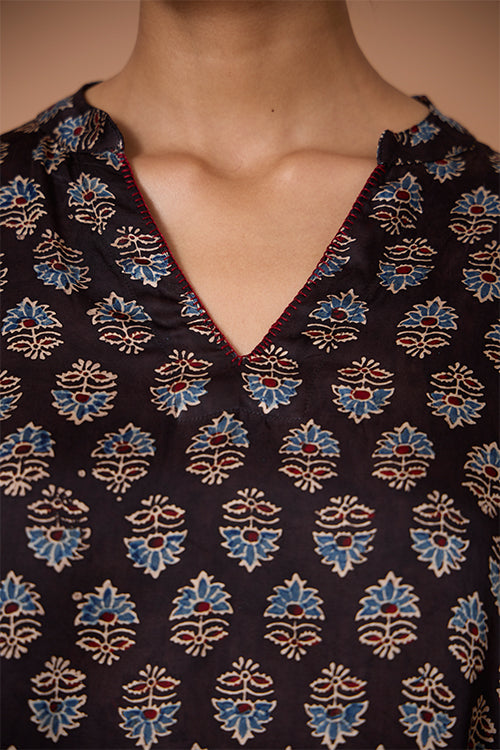 Okhai "Sapphire Hymns" Hand Embroidered MIrrorwork Handblock Printed Modal Ajrakh Kaftaan