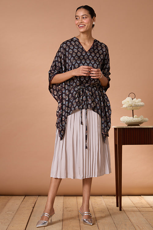 Okhai "Sapphire Hymns" Hand Embroidered MIrrorwork Handblock Printed Modal Ajrakh Kaftaan