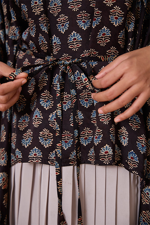 Okhai "Sapphire Hymns" Hand Embroidered MIrrorwork Handblock Printed Modal Ajrakh Kaftaan
