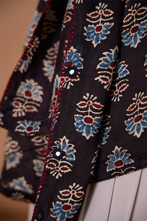 Okhai "Sapphire Hymns" Hand Embroidered MIrrorwork Handblock Printed Modal Ajrakh Kaftaan