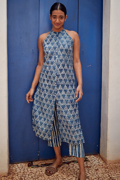 Okhai 'Blue Harmony' Pure Cotton Indigo Handblock Printed Kurta Pant Set | Rescue