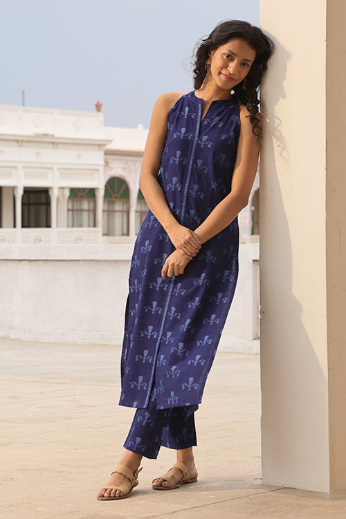 Okhai "Azure Symphony" Handwoven Ikkat Kurta Pant set