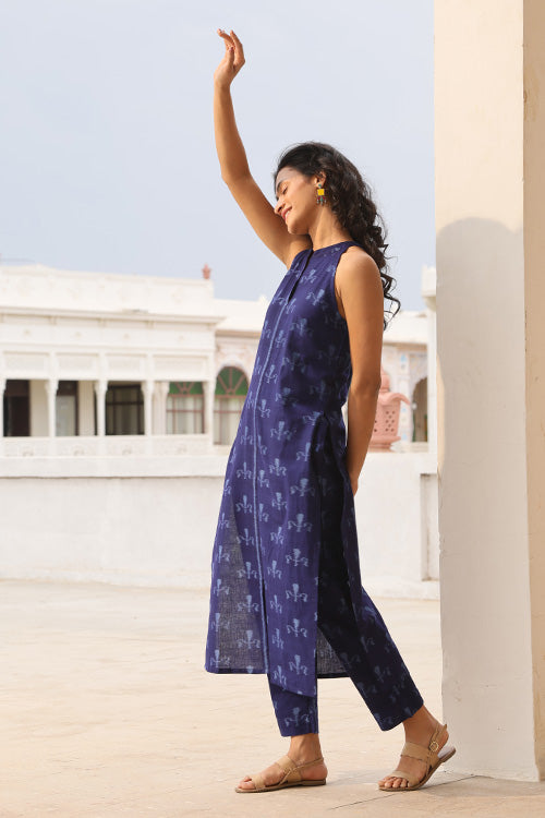 Okhai "Azure Symphony" Handwoven Ikkat Kurta Pant set