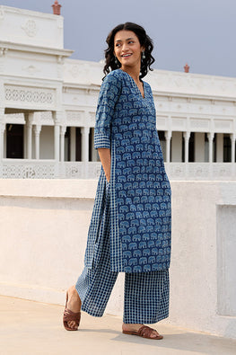 Blue Medley Pure Cotton Printed Indigo Kurta Pant Set For Women Online