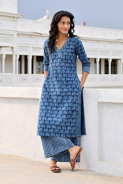 Okhai 'Blue Medley' Pure Cotton Hand Block Printed Kurta Pant Set