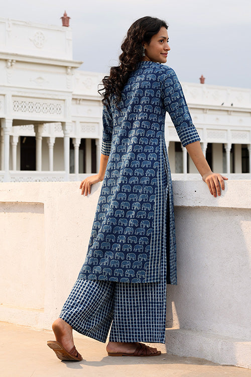 Okhai 'Blue Medley' Pure Cotton Hand Block Printed Kurta Pant Set