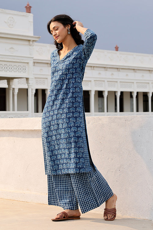 Okhai 'Blue Medley' Pure Cotton Hand Block Printed Kurta Pant Set