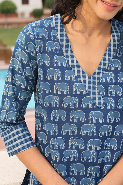 Blue Medley Pure Cotton Printed Indigo Kurta Pant Set For Women Online