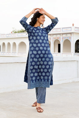 Olio Beauty Pure Cotton Printed Indigo Kurta Pant Set For Women Online