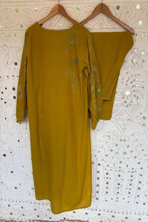 Okhai 'Yellow Daisy' Pure Cotton Hand Embroidered Mirror Work Kurta Pant Set | Rescue