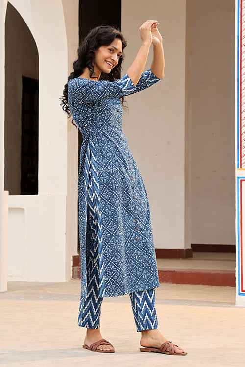 Iris Pure Cotton Printed Indigo Kurta Pant Set For Women Online