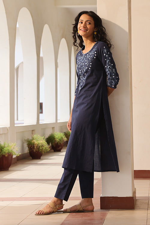 Okhai "Mehfil" Pure Cotton Hand Embroidered Mirrorwork Kurta Pant set