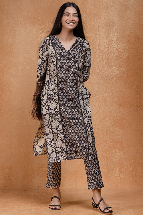 Okhai "Ivory Bloom" Handblock Printed Pure Cotton Embroidered Kurta Pant Set