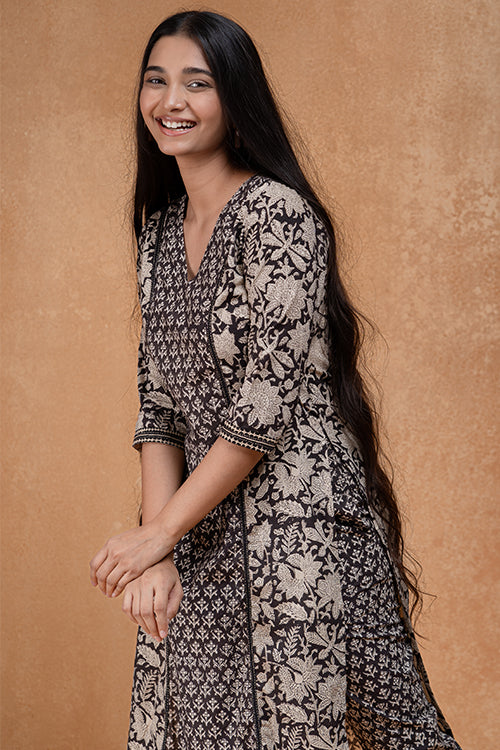 Okhai "Ivory Bloom" Handblock Printed Pure Cotton Embroidered Kurta Pant Set