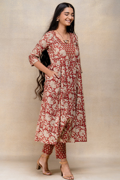 Okhai "Rosemary" Mirrorwork Handblock Printed Pure Cotton Kurta Pant Set