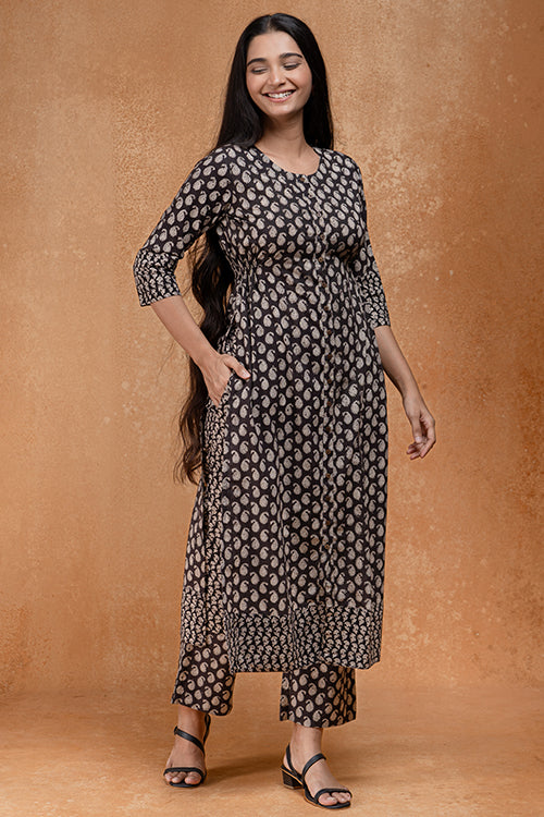Okhai "Black Forest" Handblock Printed Pure Cotton Kurta Pant Set