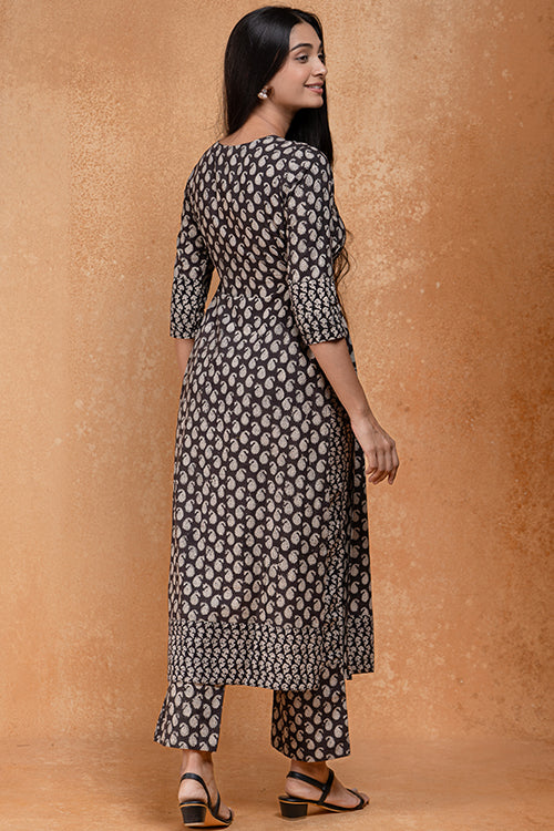 Okhai "Black Forest" Handblock Printed Pure Cotton Kurta Pant Set