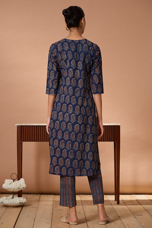 Okhai "Cypress Valley" Hand Embroidered Handblock Printed Ajrakh Pure Cotton Kurta Pant Set