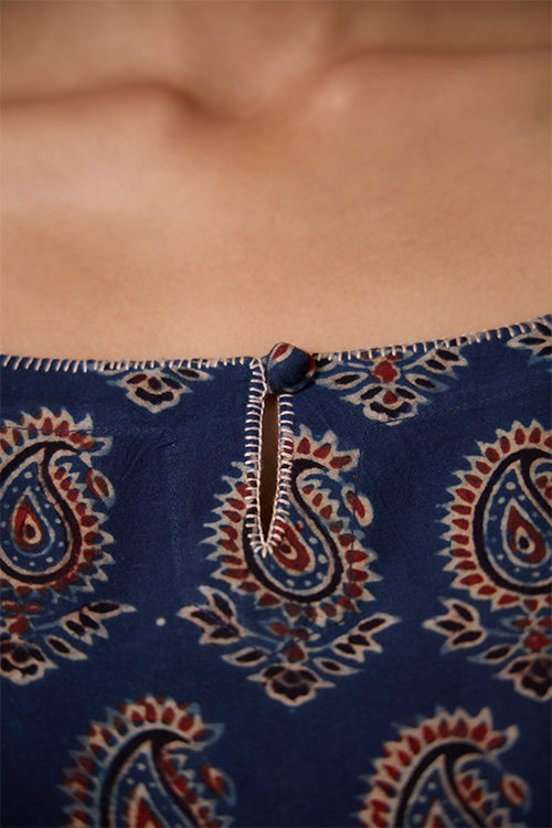 Okhai "Cypress Valley" Hand Embroidered Handblock Printed Ajrakh Pure Cotton Kurta Pant Set