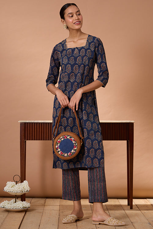 Okhai "Cypress Valley" Hand Embroidered Handblock Printed Ajrakh Pure Cotton Kurta Pant Set