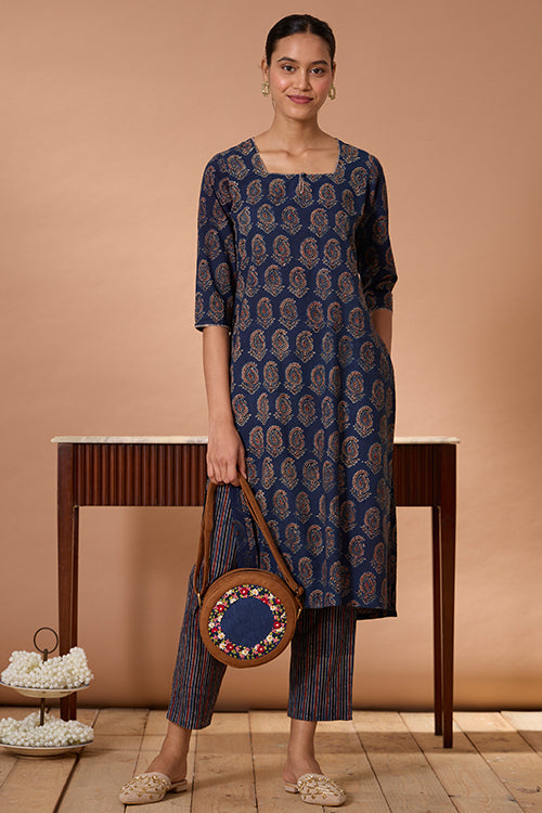 Okhai "Cypress Valley" Hand Embroidered Handblock Printed Ajrakh Pure Cotton Kurta Pant Set