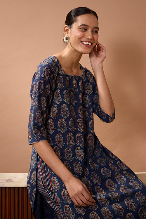 Okhai "Cypress Valley" Hand Embroidered Handblock Printed Ajrakh Pure Cotton Kurta Pant Set