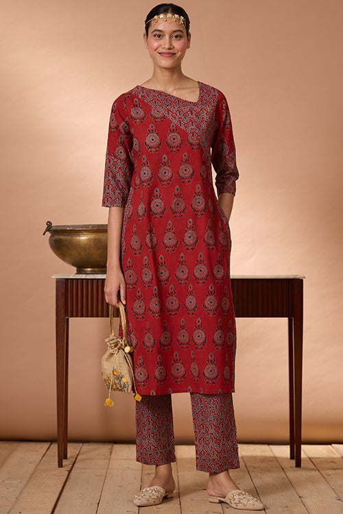Shalimar Handblock Printed Ajrakh Pure Cotton Kurta Pant Set Online