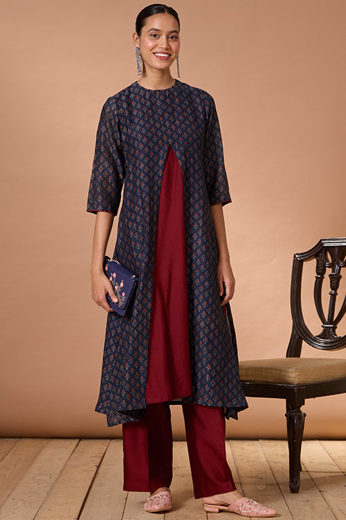 Azure Prism Printed Chanderi Silk Ajrakh Kurta Pant Set For Women