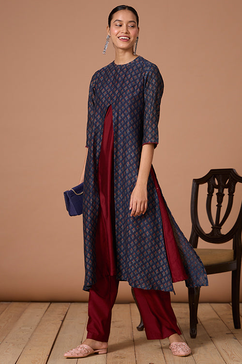 Azure Prism Printed Chanderi Silk Ajrakh Kurta Pant Set For Women