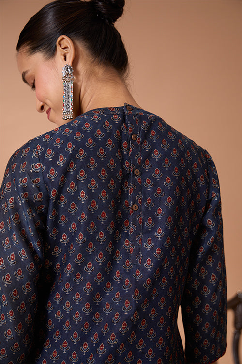 Okhai "Azure Prism" Handblock Printed Chanderi Silk Ajrakh Kurta Pant Set