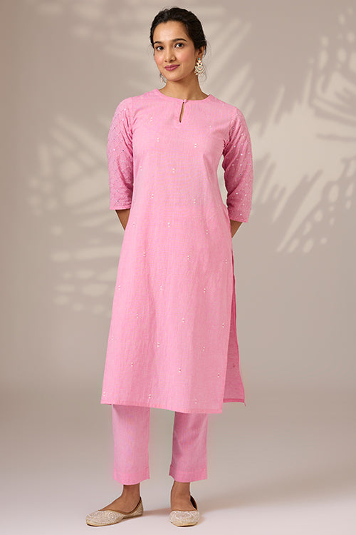 Okhai "Blushed" Hand-Embroidered Mirrorwork Pure Cotton Kurta Pant Set