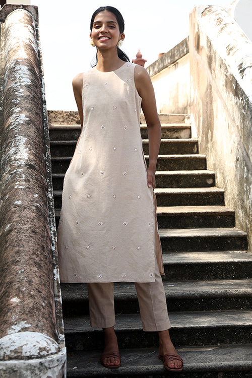 Okhai "Ekru" Hand-Embroidered Mirrorwork Sleeveless Kurta Pant Set