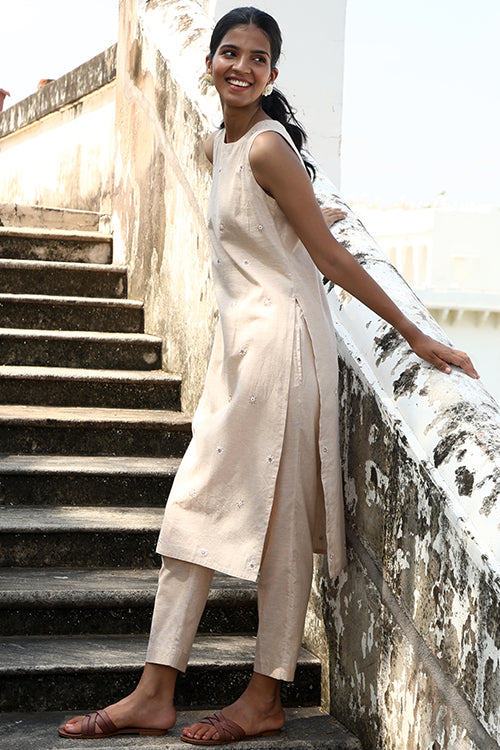 Okhai "Ekru" Hand-Embroidered Mirrorwork Sleeveless Kurta Pant Set